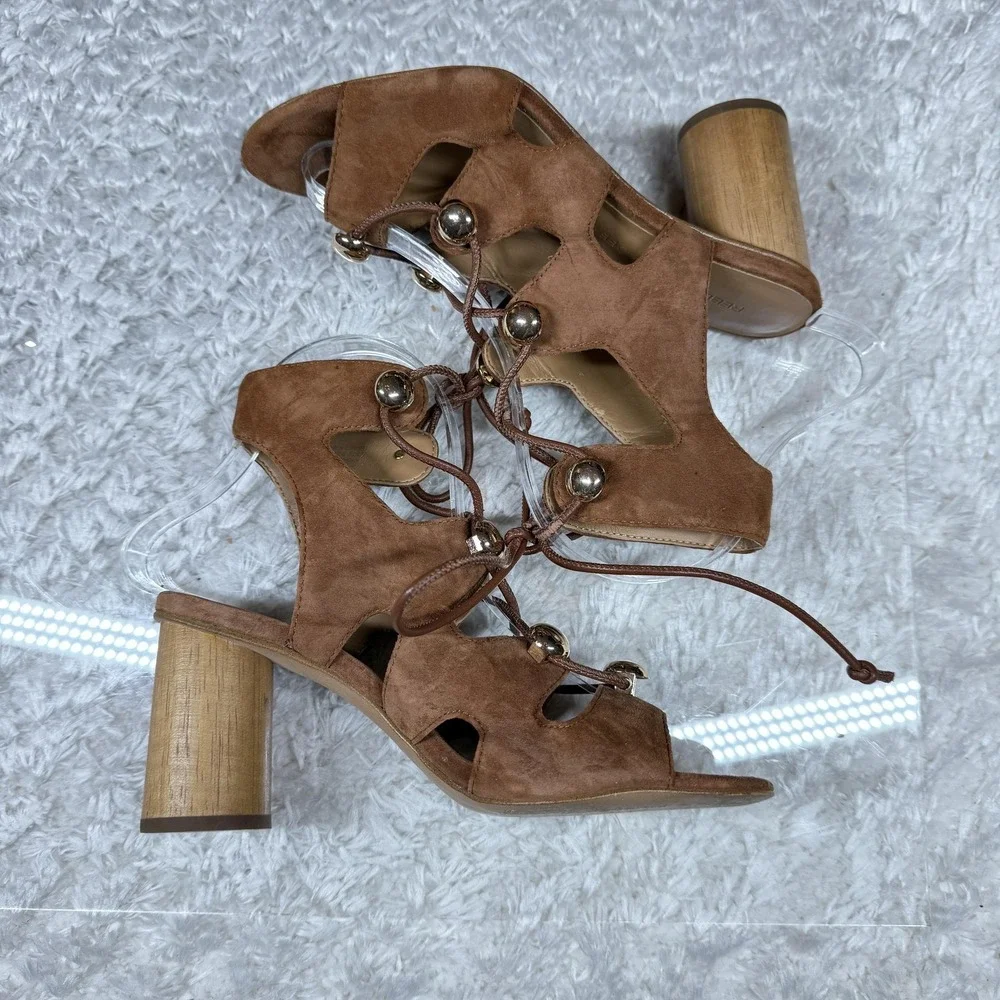 Rebecca Minkoff Shoes Womens Size 6M Brown Suede Lace Up Heels Gold Studs Block